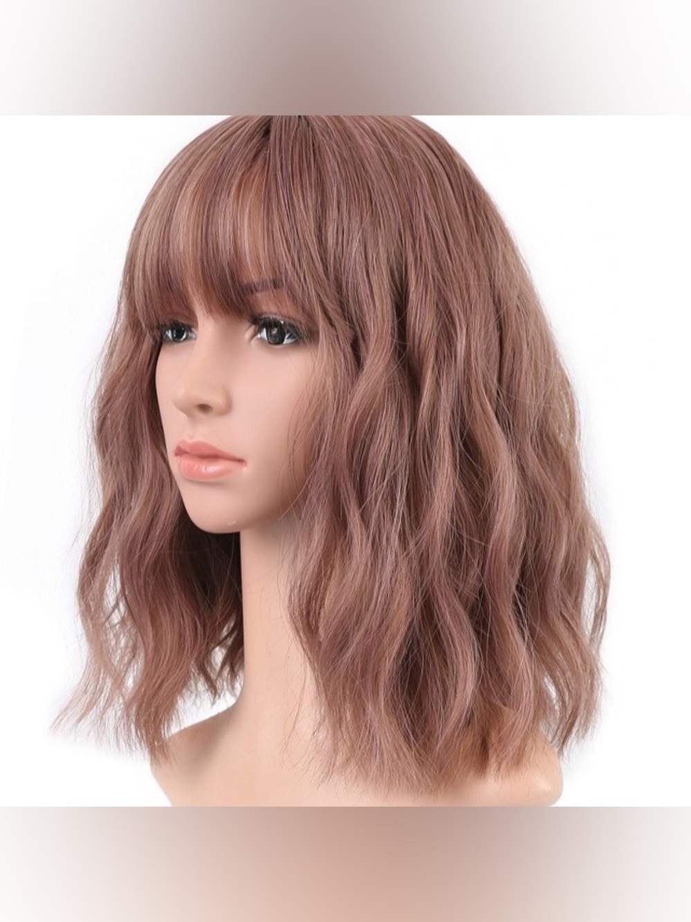 Wavy Shoulder Length Bob Synthetic Wig w/ Bangs Rattan Color Cosplay